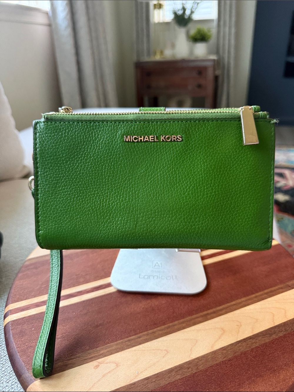 Michael Kors Green Leather Wristlet Clutch with Gold Hardware